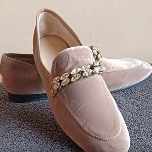 Lola Cruz Velvet Loafers with jeweled Chain Detail